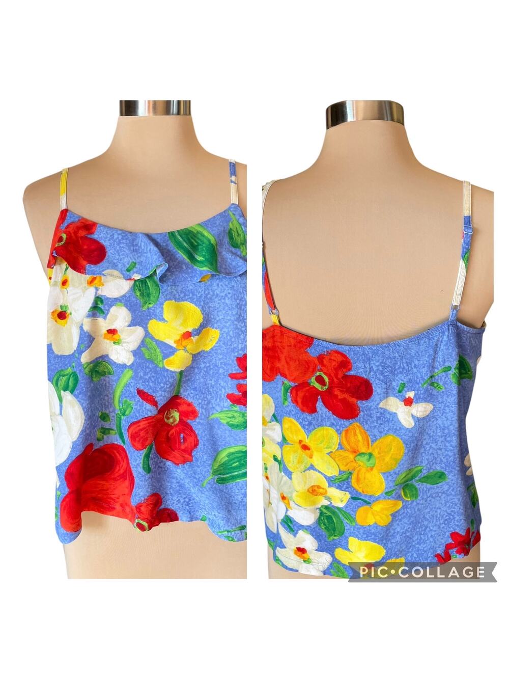 Jams‎ World Ruffle Tank Blue Multicolor Floral MEDIUM Artsy Bold Summer Vacation